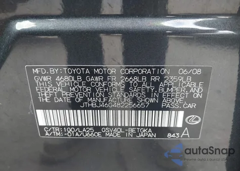 2008 Lexus Es 350 из США, поврежденный, VIN JTHBJ46G482256657